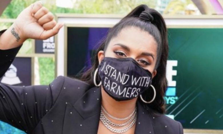 Lilly Singh wears 'I Stand With Farmers' mask at 2021 Grammys