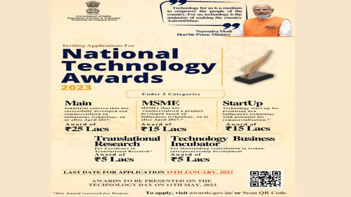 TDB-DST invites application for the prestigious National Technology Awards, 2023