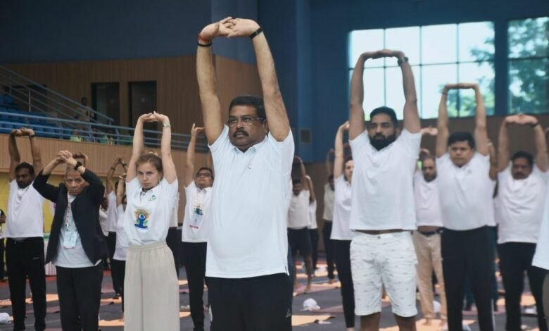 Dharmendra Pradhan participates in the International Day of Yoga 2023 session at Savitribai Phule Pune University